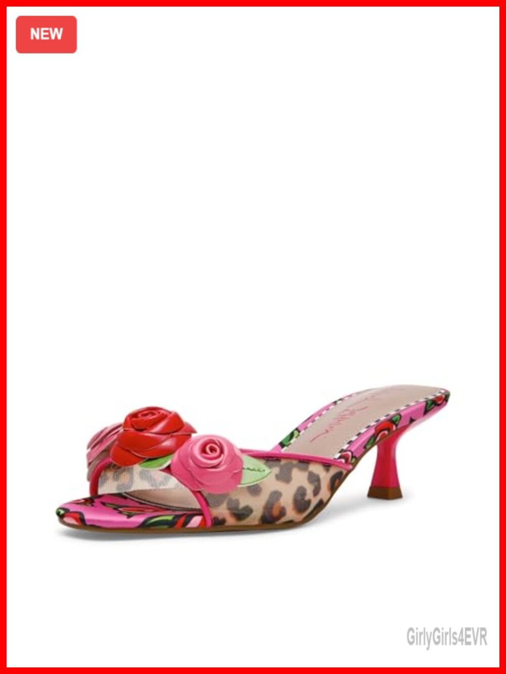 Kitten Heel Slide Sandal Leopard Print 3D Floral Slip On